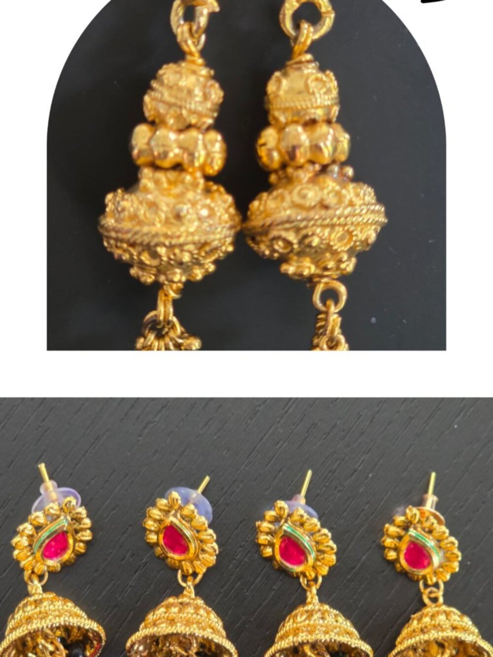 Gold Jhumka Earring Set Textured Antique Maroon Stone Garba Dandiya Navratri